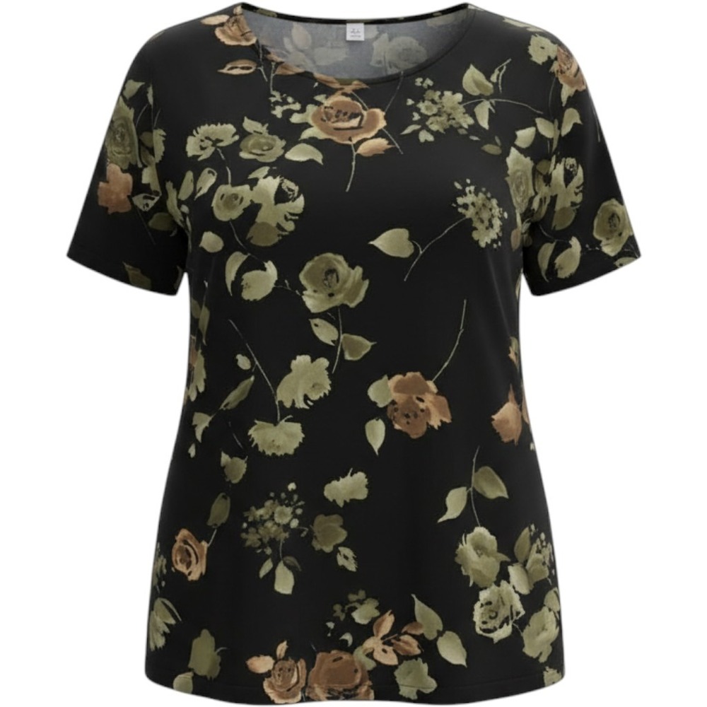Womens Black Floral Rose Print Short Sleeve Crew Neck Knit Top Plus Size